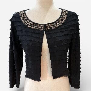 CHICO'S TRAVELERS Black Ruffled Beaded Cropped Jacket Size 0